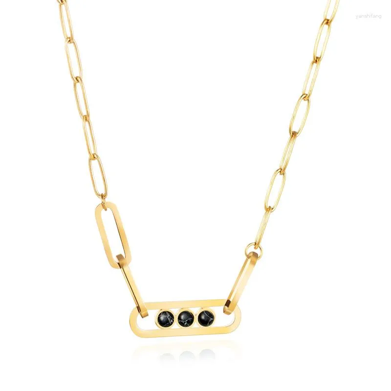 Pendant Necklaces Nature Stone Stainless Steel Paper Clip Link Chain Necklace Black Charm Gold Color Rectangle Titanium Choker