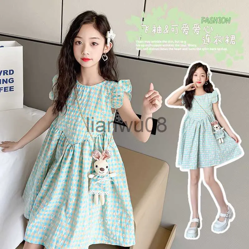 Flickans klänningar Girls 'Dresses Summer Fashion Plaid Dress Cartoon Dolls Big Kids Princess Dress 312Y X0806