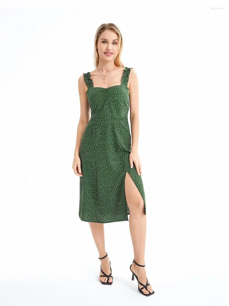 Casual Dresses Women s vintage polka dot print spaghetti rem midi klänning med lågklipp ärmlös design och delad hem - sommar cami