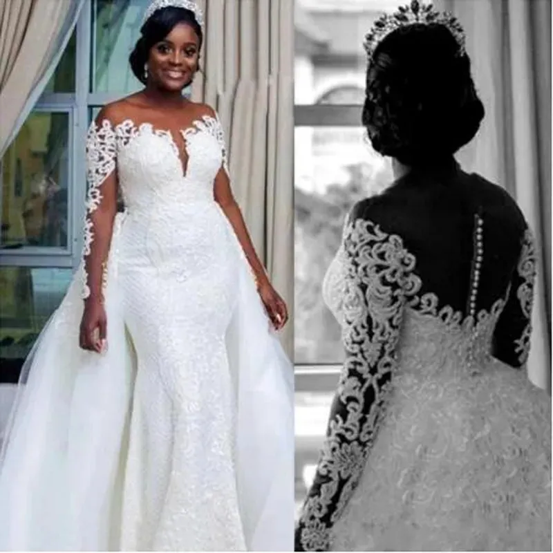 Sul-africano sereia vestidos de casamento destacável overskirt sheer neck ilusão colher mangas compridas vestidos de noiva 328 328