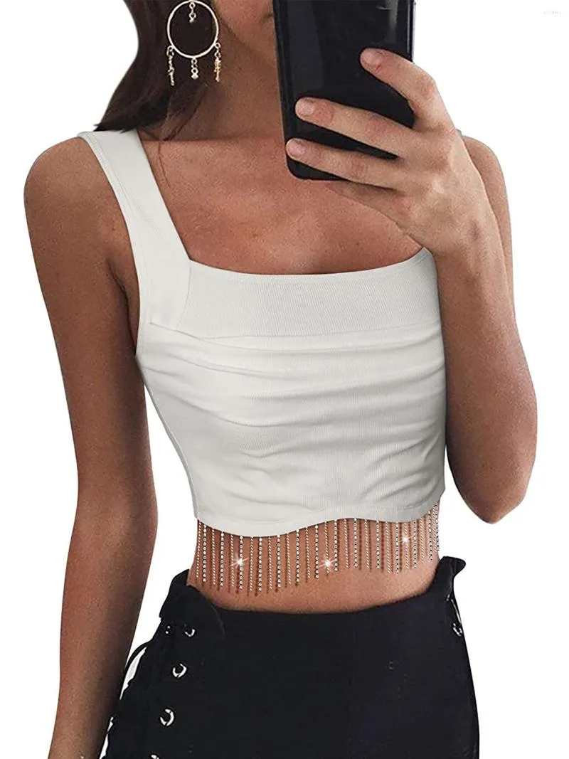 Débardeurs Femme Glamorous Sequin Agrémenté V-cou Crop Top Sans Manches Avec Frange Détail - Débardeur Cami Côtelé Élégant Pour Femme