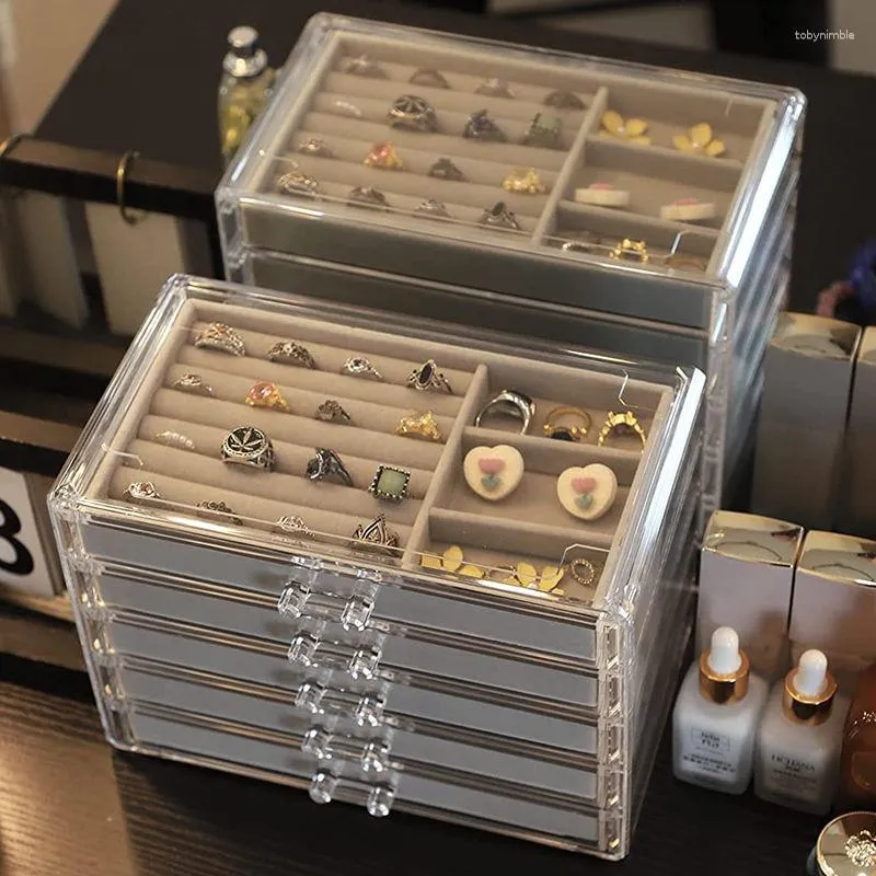 Smycken påsar akryllåda arrangör sammet lådor lådor förvaring för kvinnor ring armband örhängen transparent display stativ