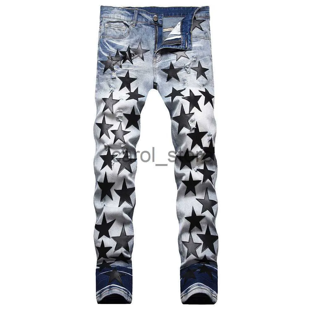 Männer Jeans 2022 Hip Hop Black Star Leder Nähte Zerrissene Jean Marke Patchwork Jean Männer Denim Hose Sommer Streetwear Zerrissene Strumpfhosen Hose J230806