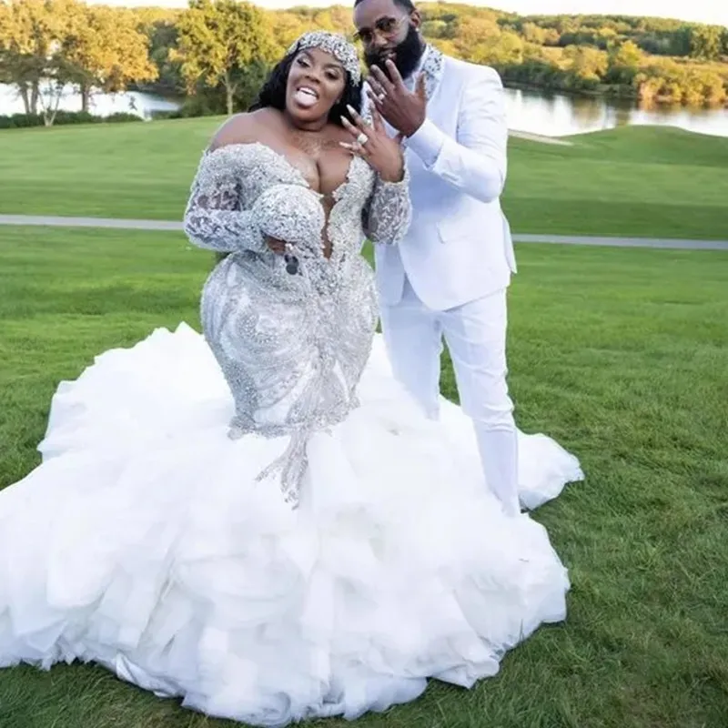 Plus Size Meerjungfrau Aso Ebi Brautkleider 2023 Glitzernde Kristallspitze Perlen Royal Train Langarm Schwarzes Mädchen Brautkleid 328 328