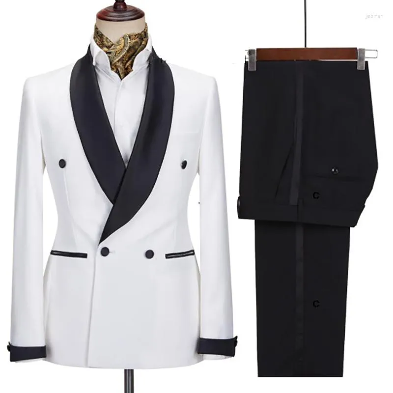 Trajes para hombre, traje para hombre, Blazer, esmoquin de boda blanco, chal negro, solapa, chaqueta cruzada, pantalones, traje ajustado de dos piezas para hombre 2023