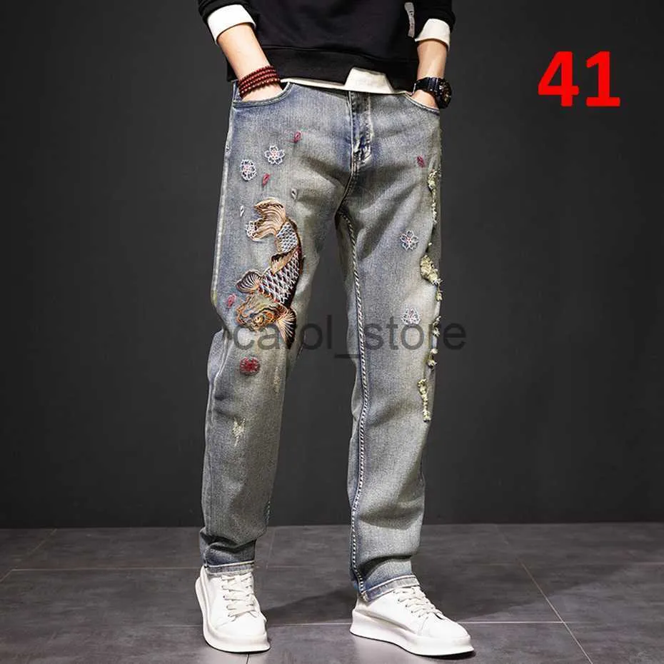 Jeans pour hommes Carp Brodé Jeans Hommes Streetwear Denim Pantalon Mode Jeans Déchiré Pantalon Plus La Taille 40 41 Pantalon Homme Bas J230806