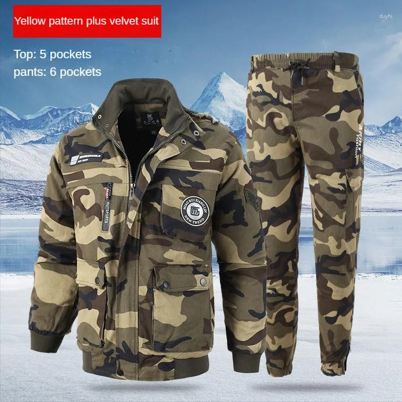 Chándales de hombre, ropa de camuflaje, reparación de automóviles de otoño, traje de trabajo de construcción, resistente al frío, impermeable, algodón grueso de felpa de invierno