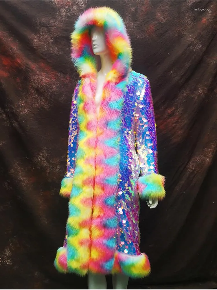 Women's Fur ZADORIN X-Long Shining Sequins Faux Jacket Women Colorful Hooded Sequined Long Coat Stage Party Costume Y2K