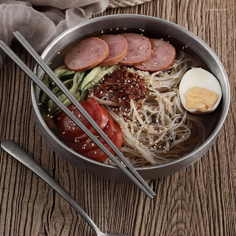 Schüsseln 1 Stück Retro koreanische Edelstahl Nudelschüssel verdickte Doppelschicht Anti-Verbrühung Ramen