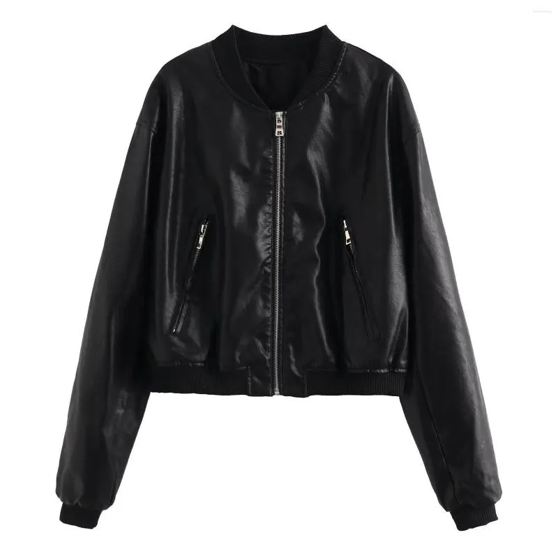 Women's Jackets 2023 Spring Vintage Women Loose Leather Jacket Stand Collar Zipper Chic Short Coat Lady Locomotive Style