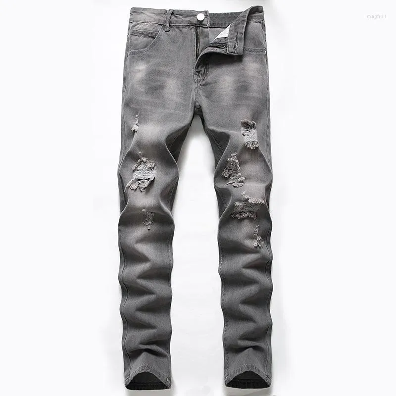 Jeans Homme Denim Ruiné Gris-noir Déchiré Pantalon Droit Mode Décontracté Quotidien Pantalon Tendance Grande Taille