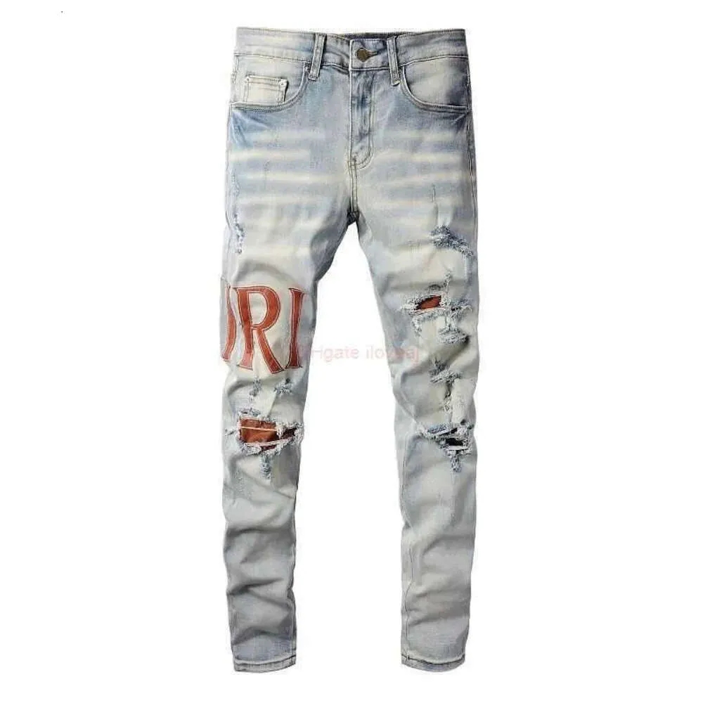 Abbigliamento firmato Amires Jeans Denim Pantaloni Amies the New 840 Fashion Brand Letters Spell Leather Holes Slim Fit Small Feet Light Color118