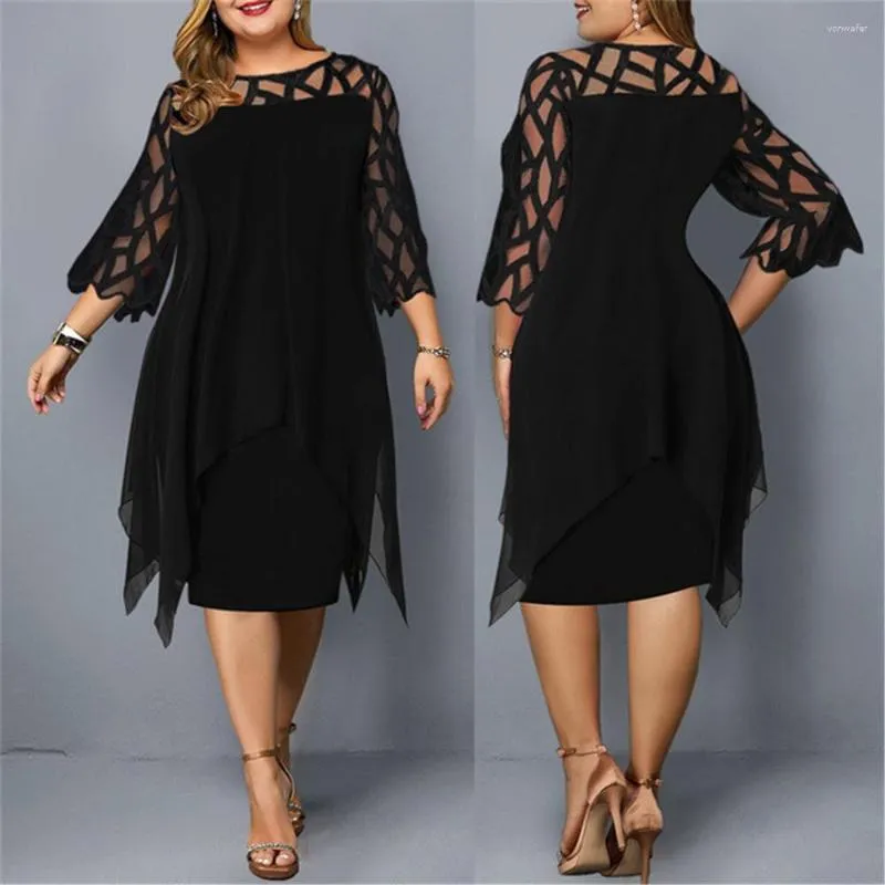 Vestidos casuales elegante Midi vestido de fiesta para Chubby encaje manga ahueca hacia fuera sólido mujeres Xxl cuello redondo Sexy ropa de mujer noche 2023