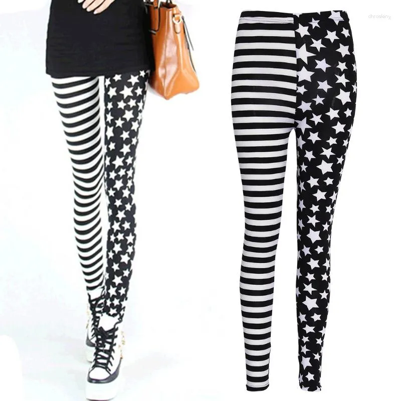 Active Pants Women Stripe Stars Tights Leggings Elastic Midje Stretch Pencil Jeggings 094C