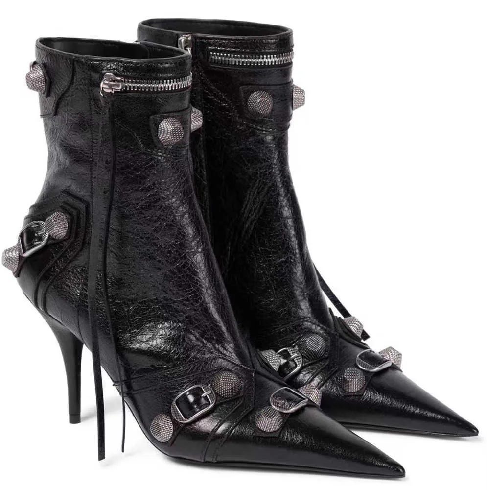 New black pointed high-heeled boots Metal buckle decoration women's shoes motorcycle tassel Leather Zip luxury designer fashion naked boot fashionCasual style