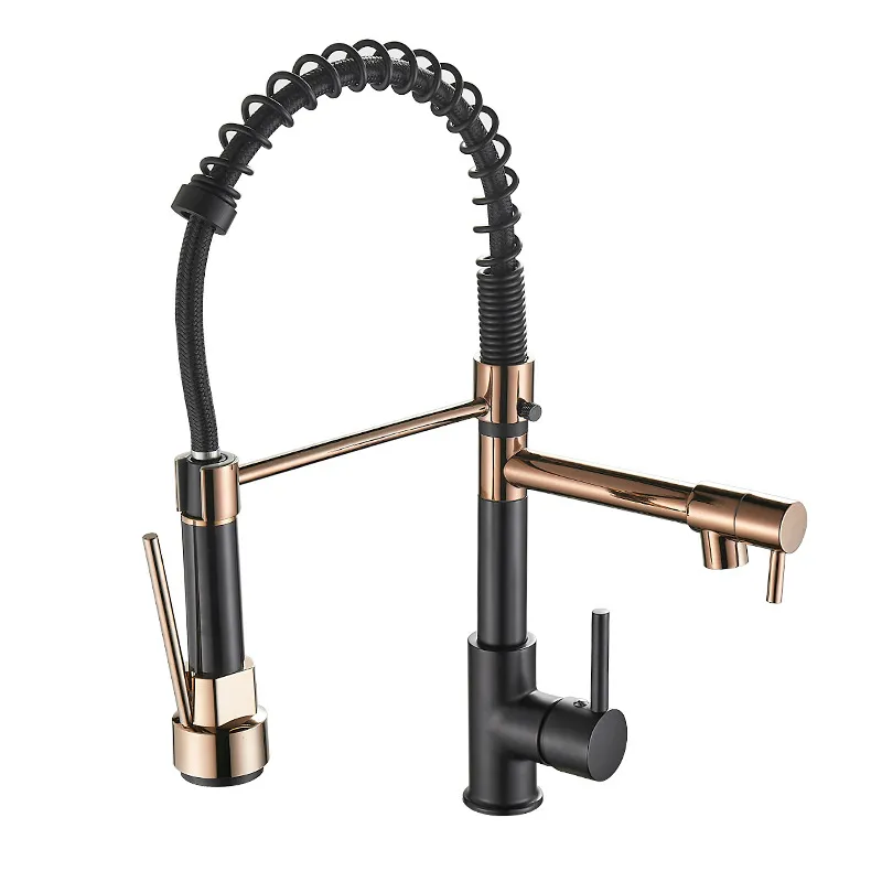 Black and Golden Brass Pulling Kitchen Sink Faucets Dual Outlet Water-Cold Hot Washing Basin Tap Deck Mounted Spring Mixer Taps