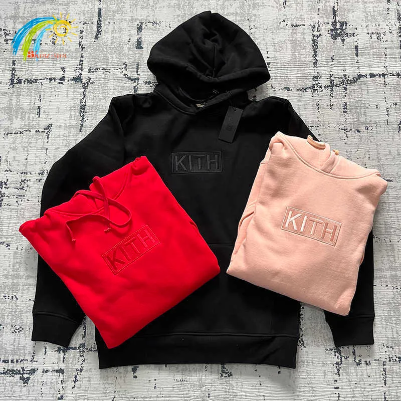 Schwerer Stoff Fleece Classic Kith Box Hoodie Männer Frauen Lose Schwarz Rot Rosa Stickerei Kith Pullover Sweatshirts Mit Etikett T230806