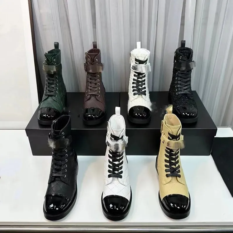 Quilted Tweed CHANNEL Combat Boot real leather Women Ankle Boots Patent Black Cap Toe Lace Up Mid Boots Designer Biker Platform Flats Low Heel Bootie