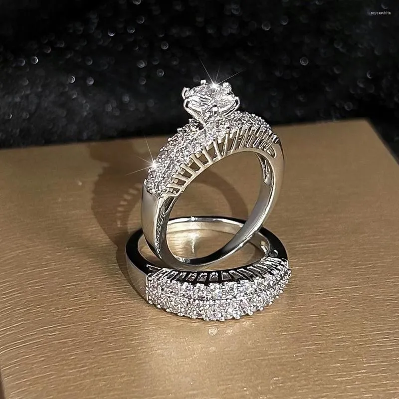 Anneaux De Mariage De Luxe Femme Ronde Ensembles De Mariée Couleur Argent Blanc Zircon Bandes Vintage Promise Couple De Fiançailles Pour Les Femmes Cadeaux