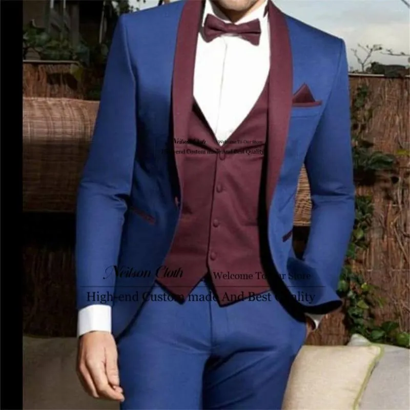 Erkekler Moda Mavi Erkekler Şal Kaplamalı Düğün Düğün Smokin 3 Parçası Setler Erkek Prom Blazers Groomsmen İnce Fit Terno Maskulino