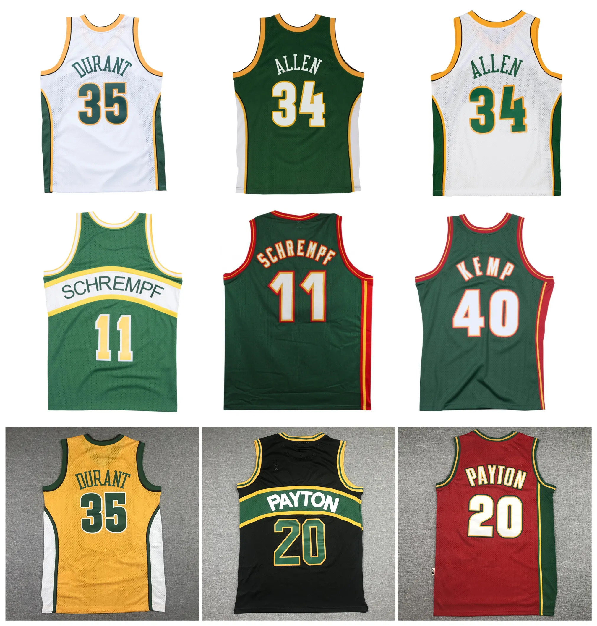 Detlef Schrempf SuperSonic Kevin Durant Maglia da basket Seattle Ray Allen Gary Payton Shawn Kemp Giallo Verde Bianco Nero Taglia S-XXL