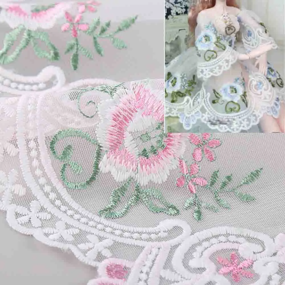 Chinese Products Wide Embroidery Tulle Flower Mesh Net lace Fabric for Needlework Wedding Dress for Women Fringe Sewing
