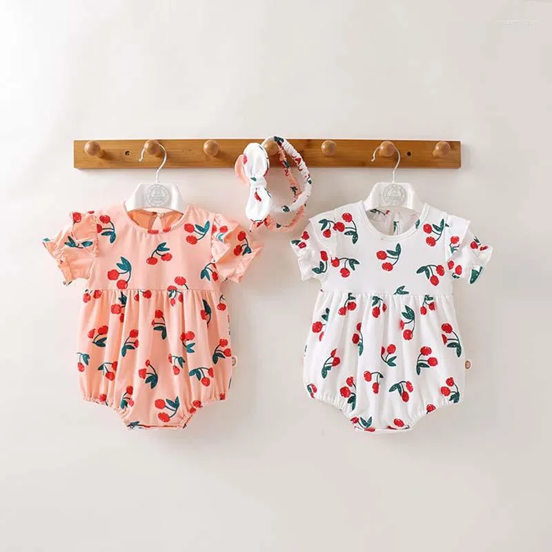 Kläder sätter små flickor våren höstens sommardräkt körsbär 2 st kläder set bomullsspädbarn med pannband locket