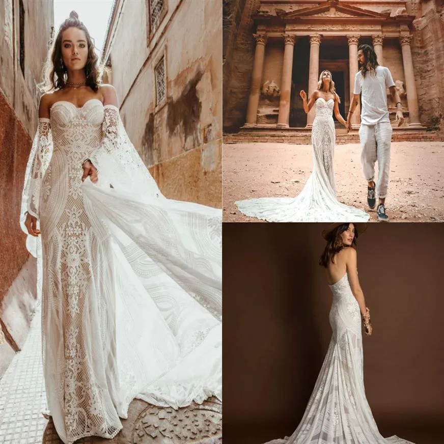 2019 Vestidos de novia bohemios Cariño Encaje Apliques Tren de barrido Mangas desmontables Sirena Vestido de novia Tallas grandes País Bri262q