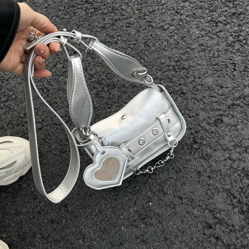 Silver Y2K Crossbody Bag for Women, PU Leather Chain Sling Shoulder Bag, Punk Old Street Cool Small Square Mirror Purse Silver Y2K Crossbody Bag for Women, PU Leather Chain Sling Shoulder Bag, Punk Old Street Cool Small Square Mirror Purse