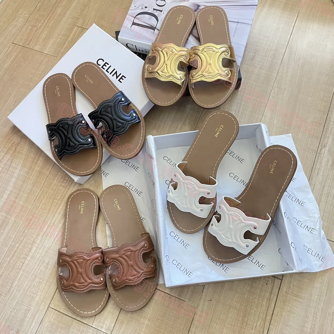 Högkvalitativ sandaler Designer Kvinnor Flat tofflor Triomphe Mules Metaliserade kalvskinn Äkta läder Triomphe Slides Flip Flops Sandaler Beach Travel Sandaler