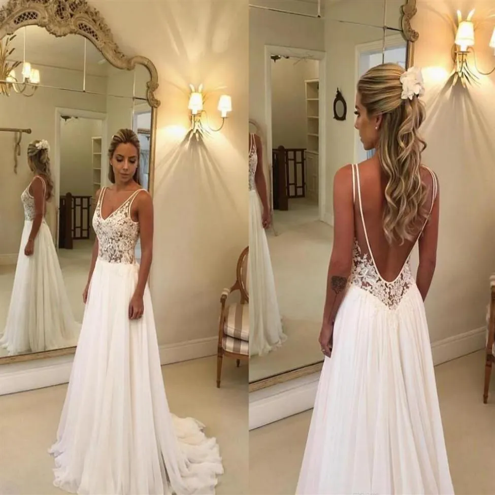 2020 Abiti da sposa economici da spiaggia Appliqued in pizzo con scollo a V Una linea Sexy Backless Boho Abito da sposa Sweep Train Custom Garden Bridal Go277o