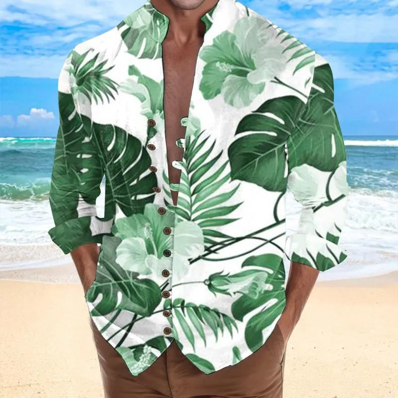 Camisas informales para hombre, camisa verde con estampado de hojas de primavera y otoño, camisa Mes de manga larga de Color sólido con cuello levantado, estilo de talla grande Hawaii