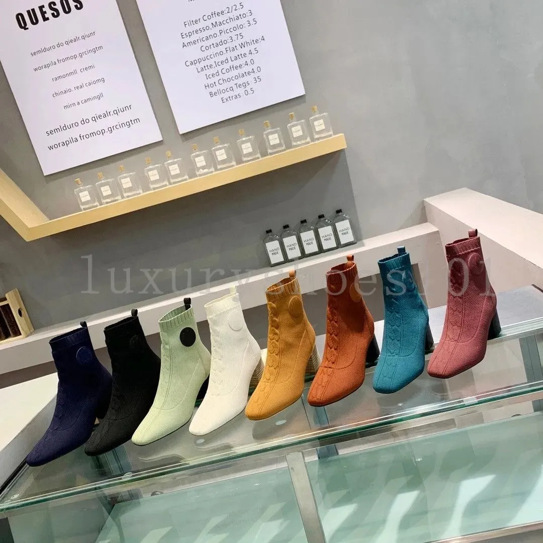 Designer Laarzen Volver Enkellaars Dames Sok Laars Stretch Gebreide Laarsjes Dames Stijgbeugelhak Bootie Echt lederen schoenen Instapper Hoge Hakken