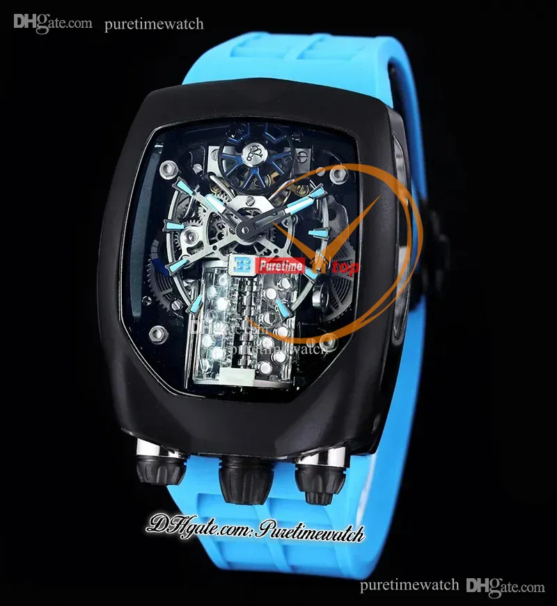 Bugatti Chiron Tourbillon Autoamtic Mens 시계 PVD 강철 케이스 검은 골격 다이얼 블루 고무 슈퍼 버전 Herrenuhr Reloj Hombre 시계 BU200.21.ae.AB PURETIME B2