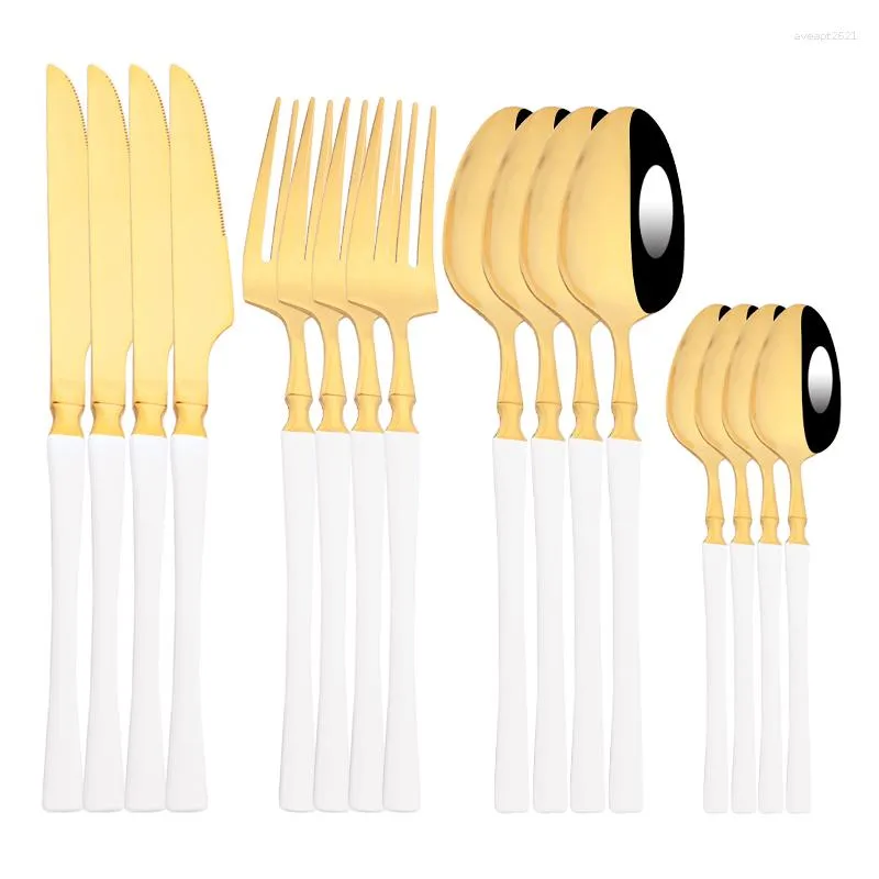Dinnerware Sets Kitchen Set Stainless Steel Cutlery 16Pcs White Gold Tableware Steak Knife Fork Coffee Spoon Flatware Silverware
