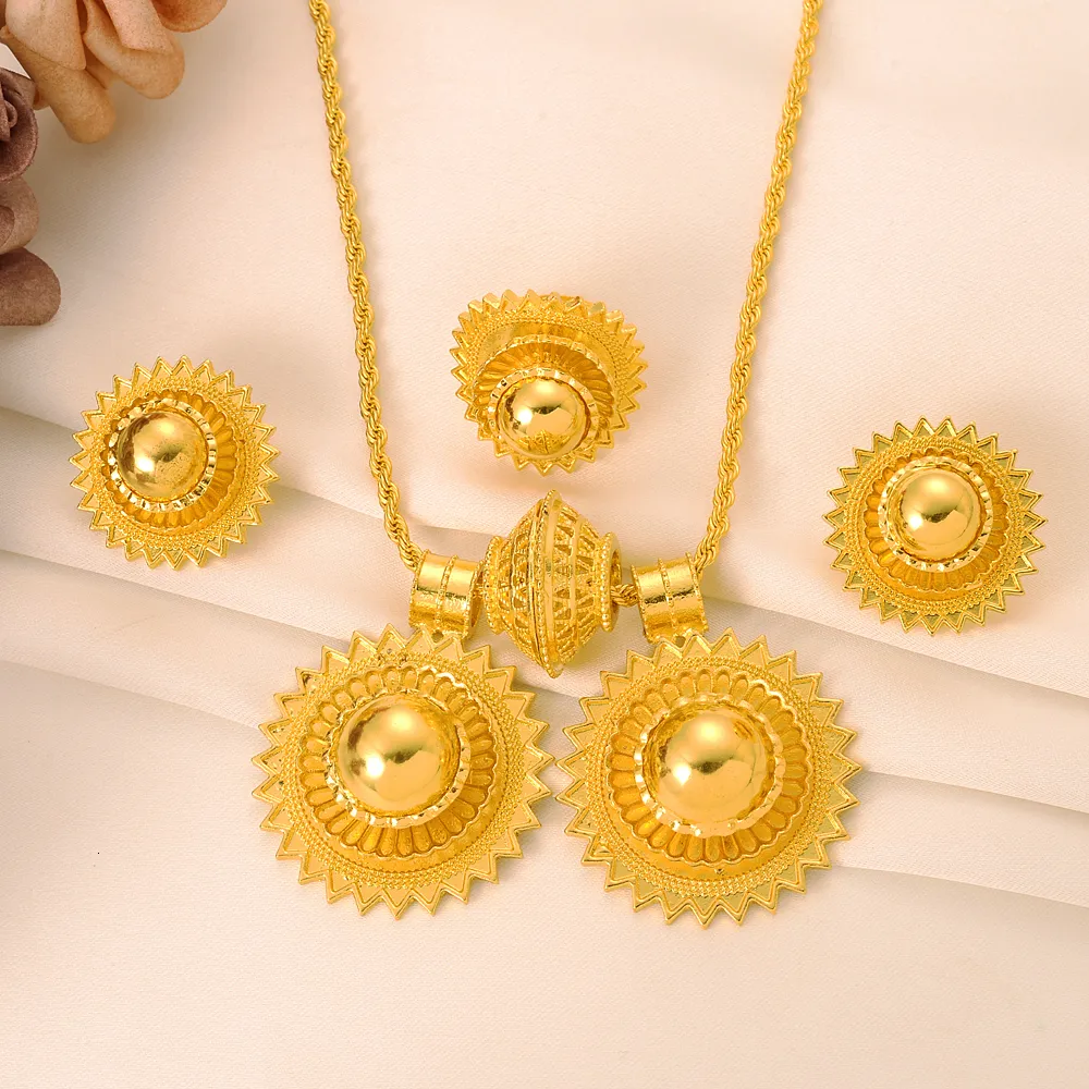 Wedding Jewelry Sets Ethiopian Geometry Round Big Pendant Earrings 24K Gold Color African Bridal Women Habesha Party Gifts 230804