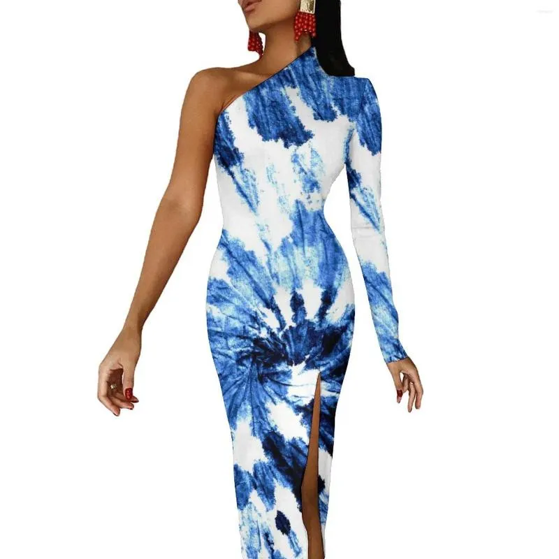 Abiti casual Abito lungo blu con tintura a cravatta a spirale Abito da donna con stampa astratta Maxi Spring Pretty Bodycon Vestido stampato con spacco alto