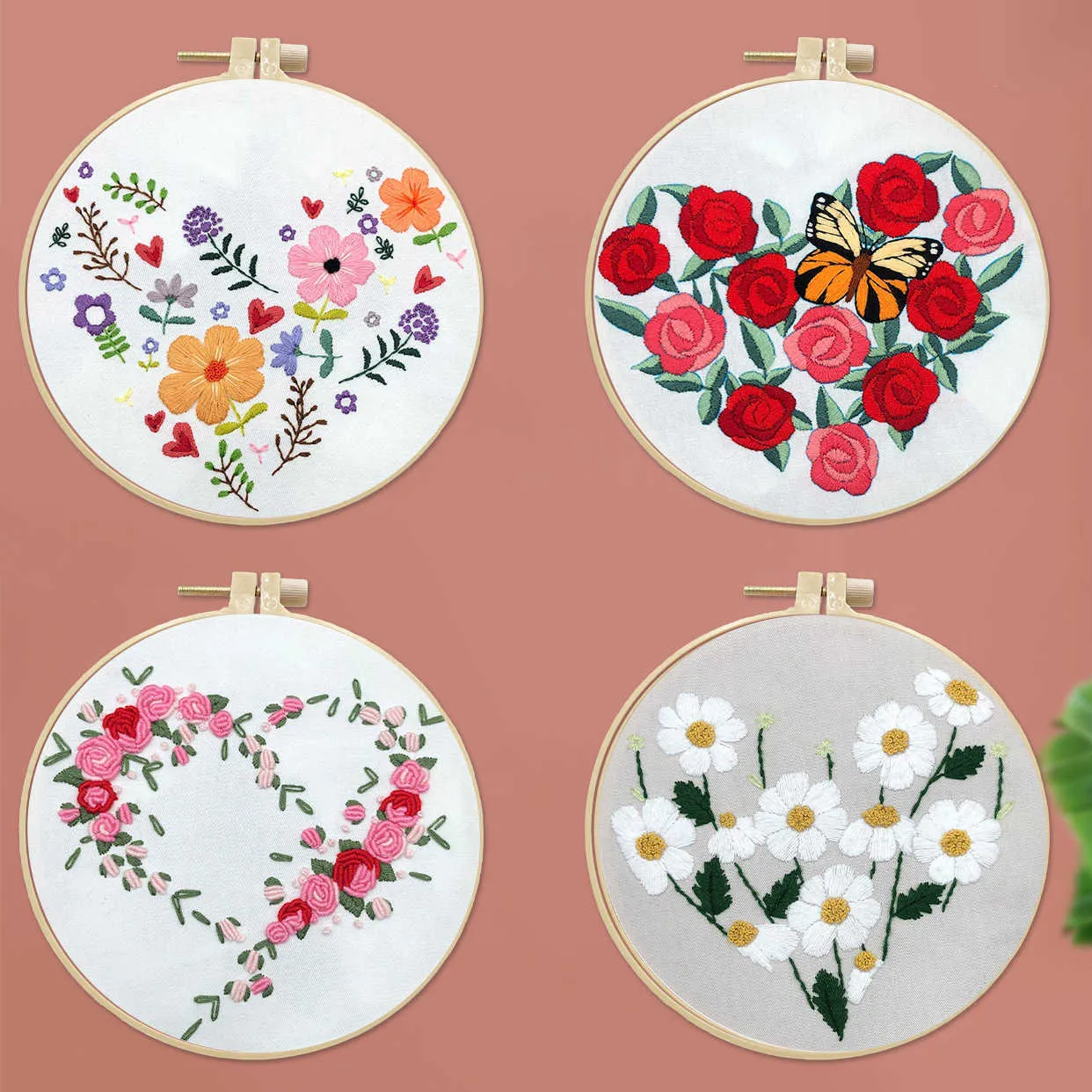Produtos de estilo chinês em formato de coração bordado de flores faça você mesmo bordado padrão de planta de casa bordado para iniciantes ponto cruz artesanato (com
