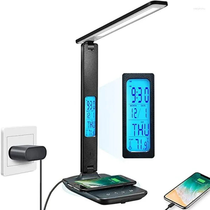 Lampes de table Chargeur sans fil USB Date de charge de température Fonction de la température de bureau portable Lampe LED de bureau avec alarme d'horloge