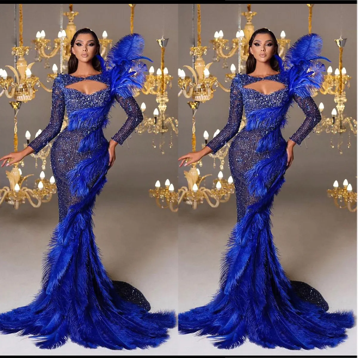 Royal Blue Sequined Tulle Mermaid Evening Dress with Ostrich Feather Long  Sleeves and Beaded Ruched Details