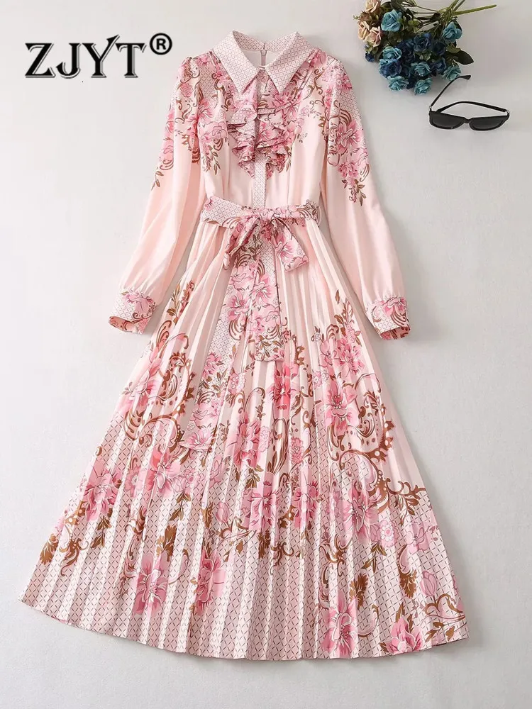 Urban Sexy Dresses ZJYT Spring Fashion Runway Dress Women Long Sleeve Ruffles Floral Print Midi Pleated Vestidos Casual Holiday Robes Pink 230804