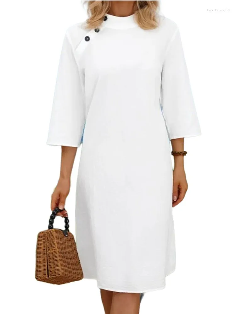 Casual Dresses Fashion Women's Dress 2023 Oversized Standing Collar With 3/4 Sleeves White Cotton Linen Chic Vestido For Women