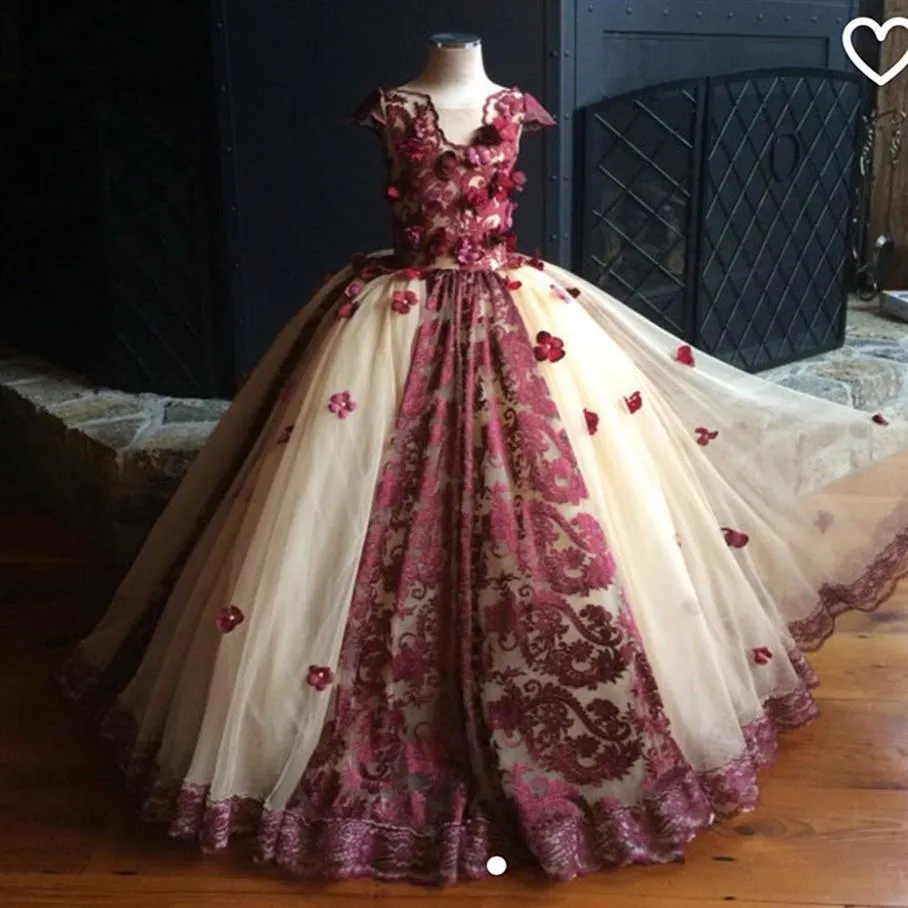 Vestido de fiesta de vino y champán, vestidos de flores para niñas, 2022, flores hechas a mano, perlas, encaje, vestido de desfile para niñas, vestido de fiesta para adolescentes T264R