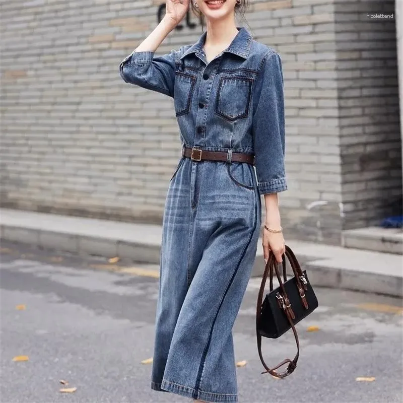 Casual Kleider Damen Denim Kleid 2023 Koreanische Frühling Herbst 3/4 Hülse Elegante Gürtel Dame Hohe Taille A-line Lange Jeans Hemd