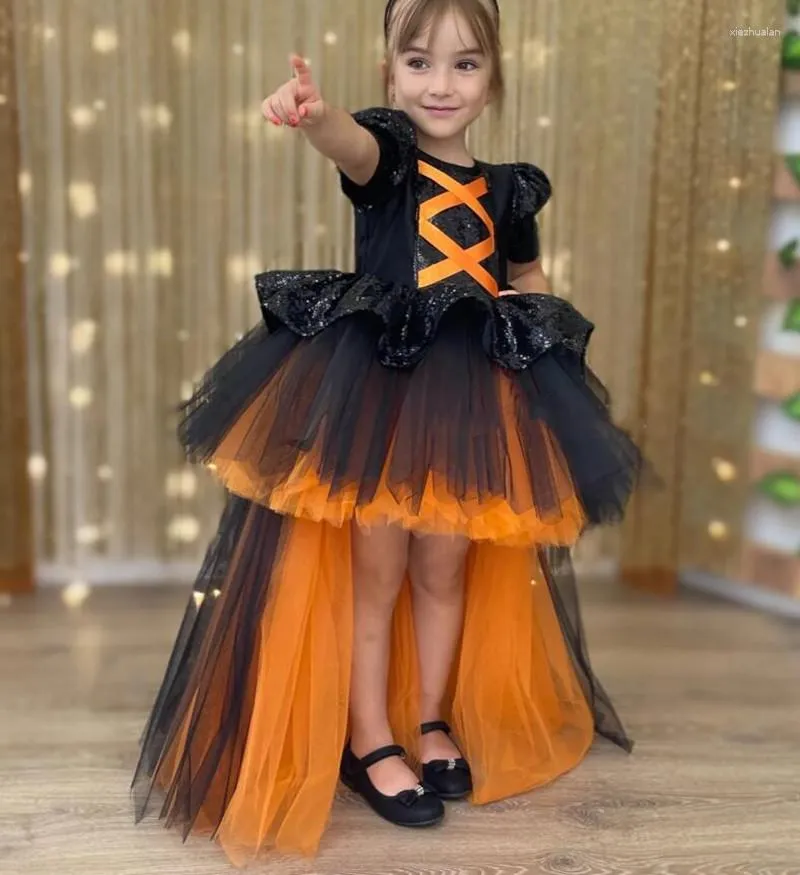 Flickaklänningar Elegant Black Orange Tulle Halloween Dress Girls Christmas Long Train Anpassa Flower Prom Gown