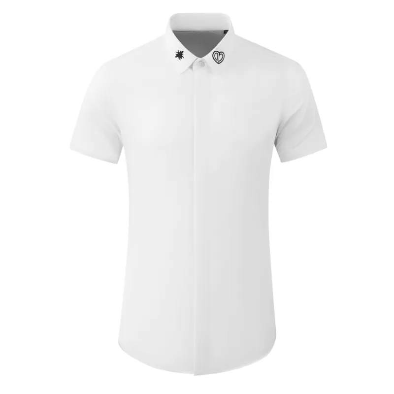 Camisas Masculinas de Verão Minglu Luxo Manga Curta Amor Coração Bordado Cor Sólida Botão Coberto Slim Fit Camisas Masculinas