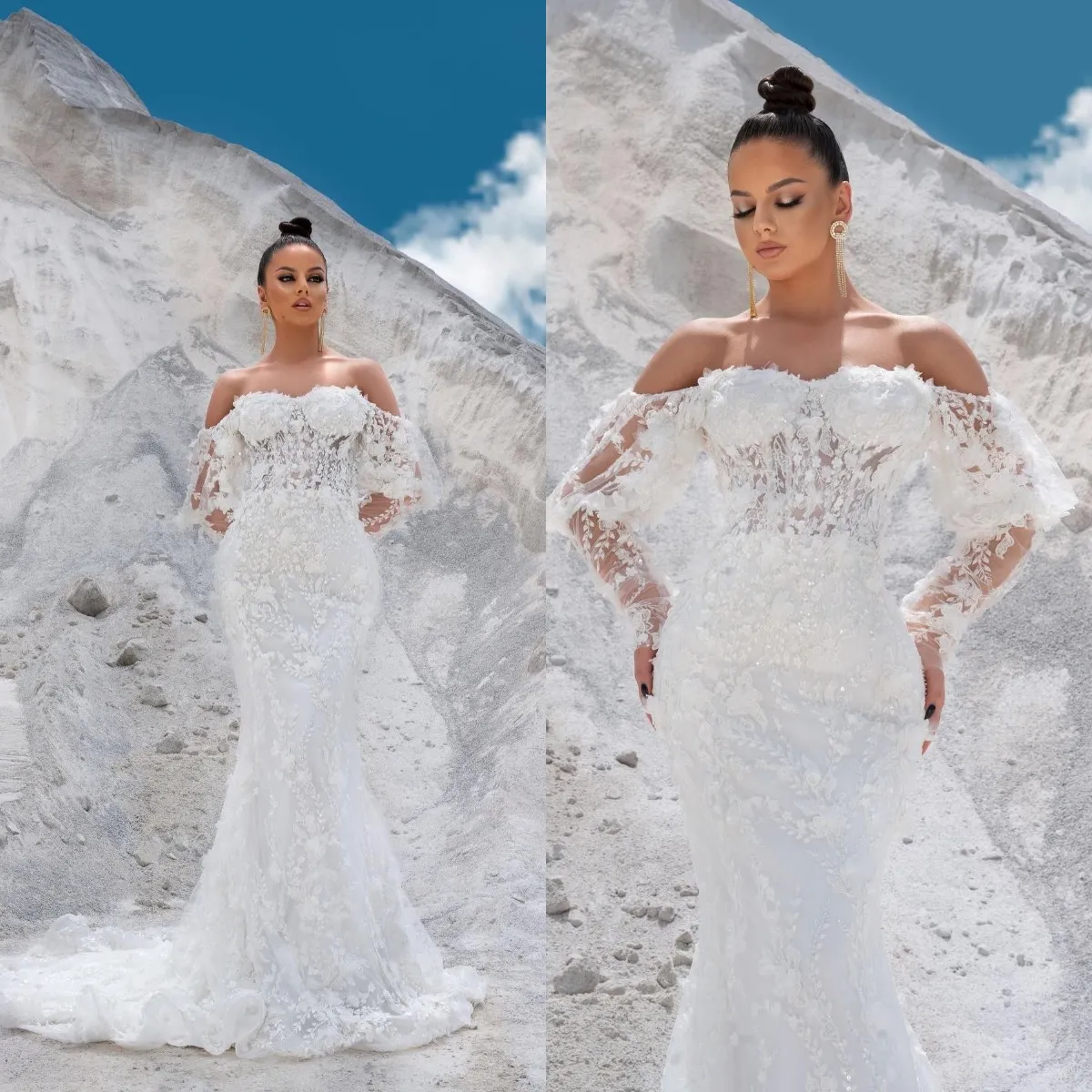 Elegante Meerjungfrau-Spitze-Brautkleider, Braut-Kleider, schulterfrei, schlichtes Brautkleid mit Blumenapplikationen