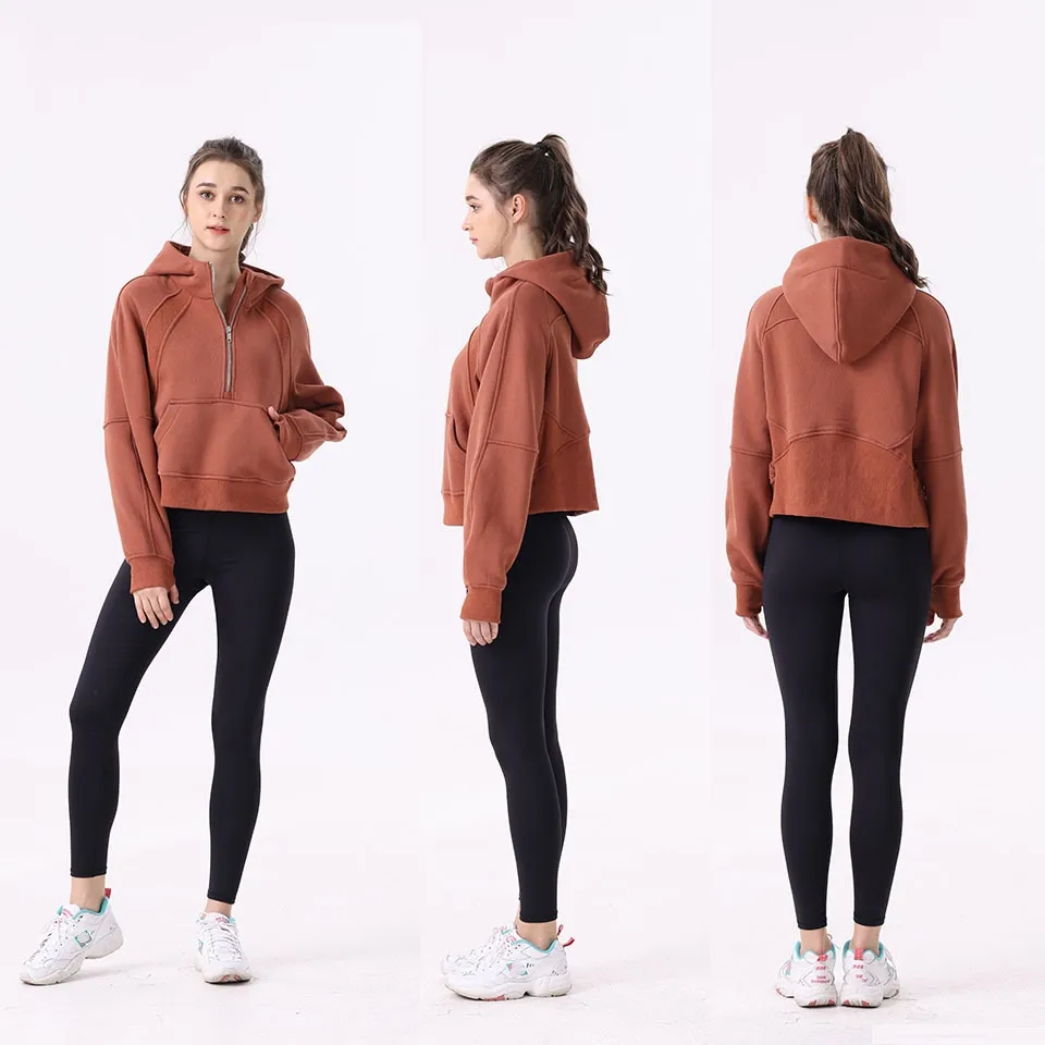 Lulu Womens Autumn Hoodies Sweatshirt Yoga Suit Jacket Ladies Sport Half Zipper厚いゆるい短いスタイルフリーススウェットシャツの女性Lulemens