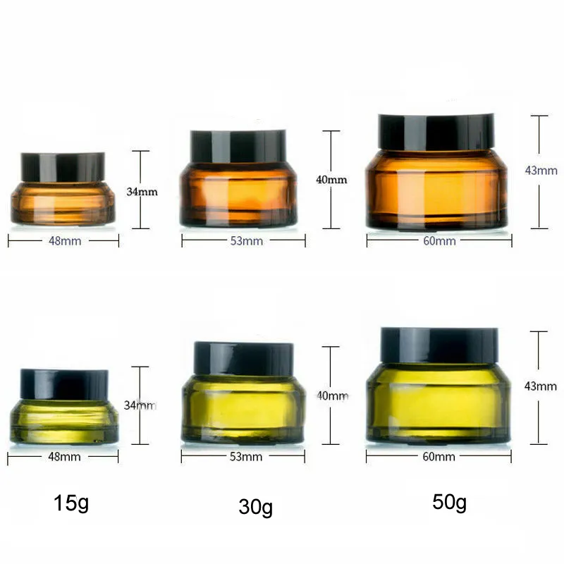 Cosmetic Bottles 15g 30g 50g Amber Green Empty Glass Facial Cream Jar Pots Cosmetic Container Black Lid Glass Bottle Travel Packing