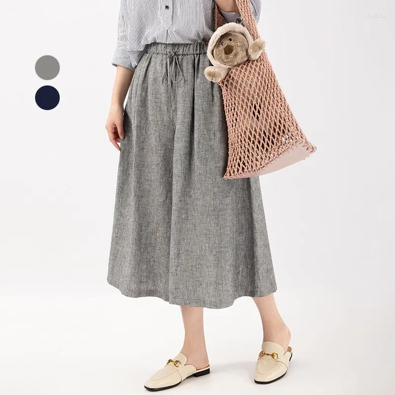 Women's Pants Linen Wide-leg Women Summer Cropped Culottes Simple High Quality All-match Loose Fit Commuting Trousers Grey Capris